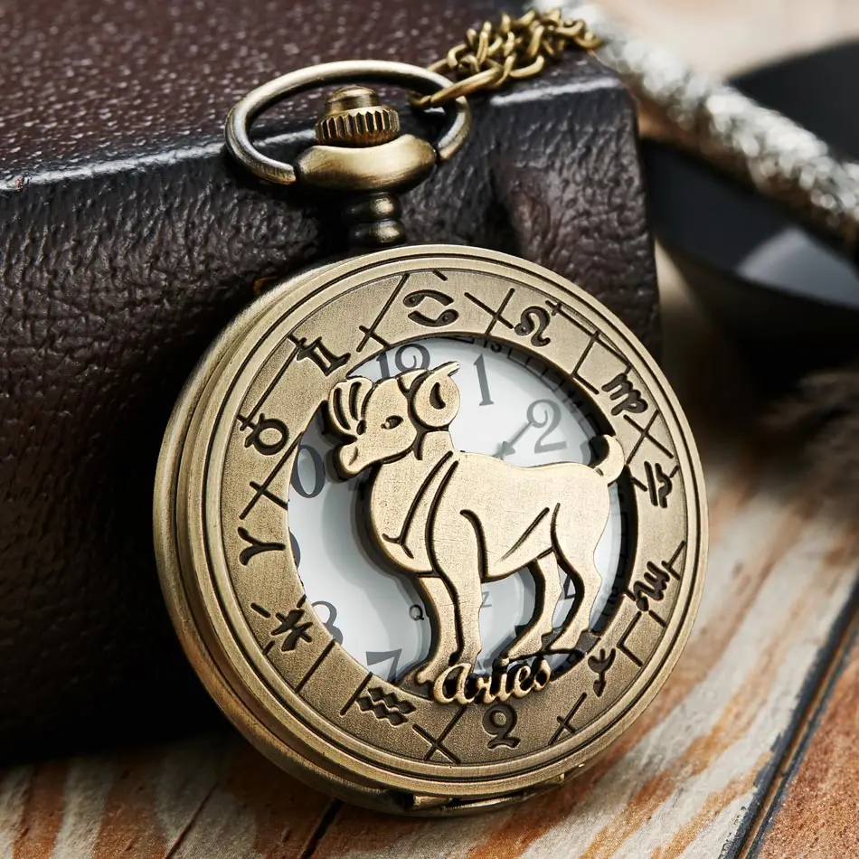 Vintage Bronze Steampunk Pattern Pocket Watch Zodiac Necklace Chain Retro Twelve 12 Constellation Men Women Clock Relogio Gifts