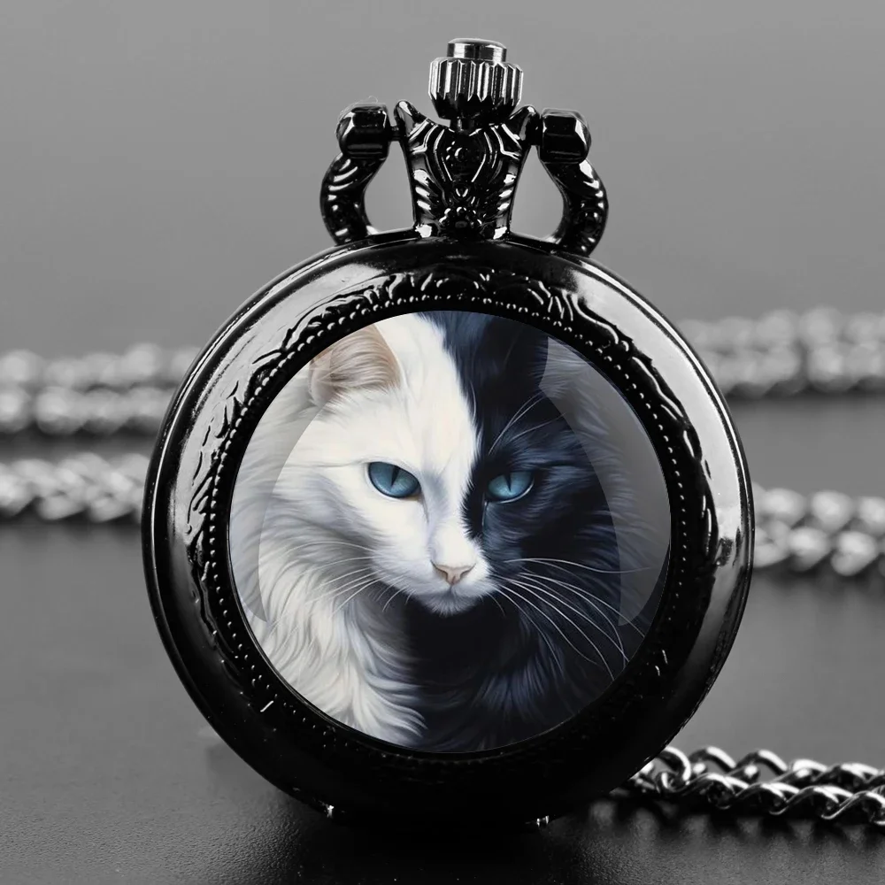 Cool Black White Cat Pattern Arabic Digital Dial Quartz Pocket Watch Vintage Necklace Pendant Chain Gift for Women Man Children