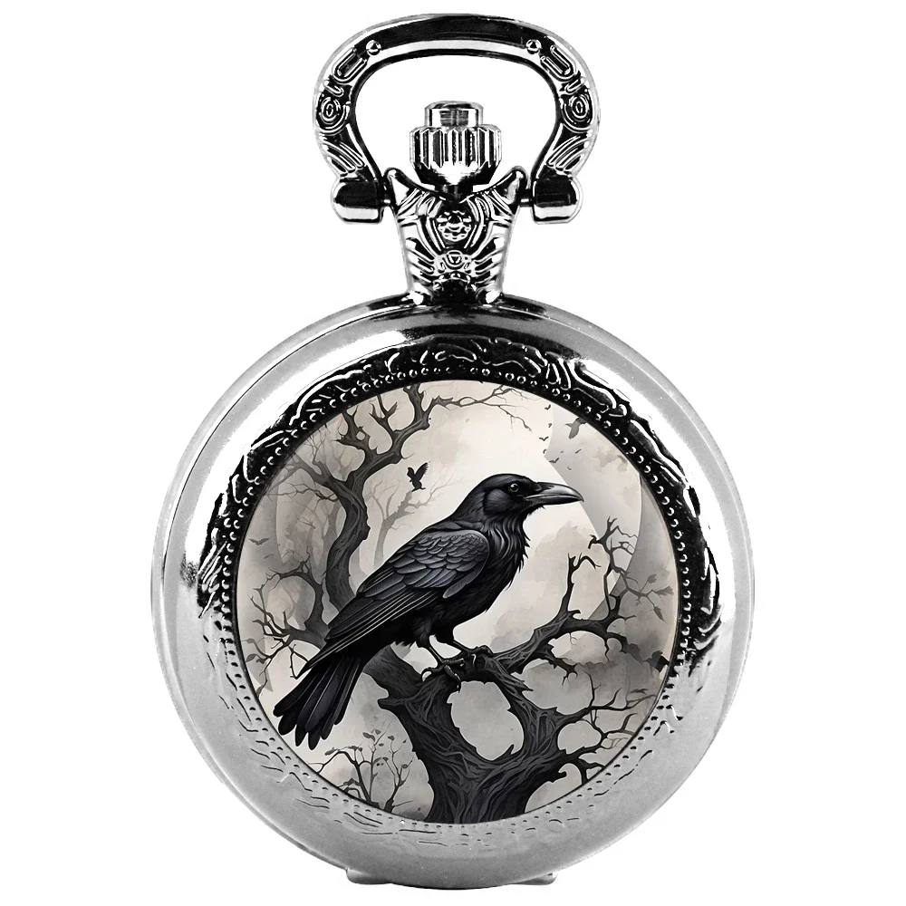 Exquisite Gift Raven Design Glass Dome Pocket Watch Arabic Numeral Dial Vintage Men Women Necklace Pendant Creative Clock Gift