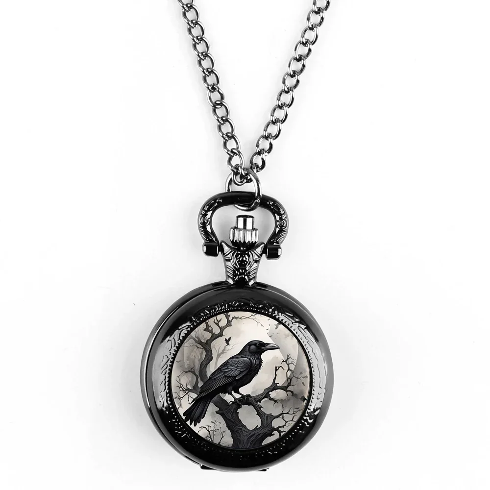 Exquisite Gift Raven Design Glass Dome Pocket Watch Arabic Numeral Dial Vintage Men Women Necklace Pendant Creative Clock Gift