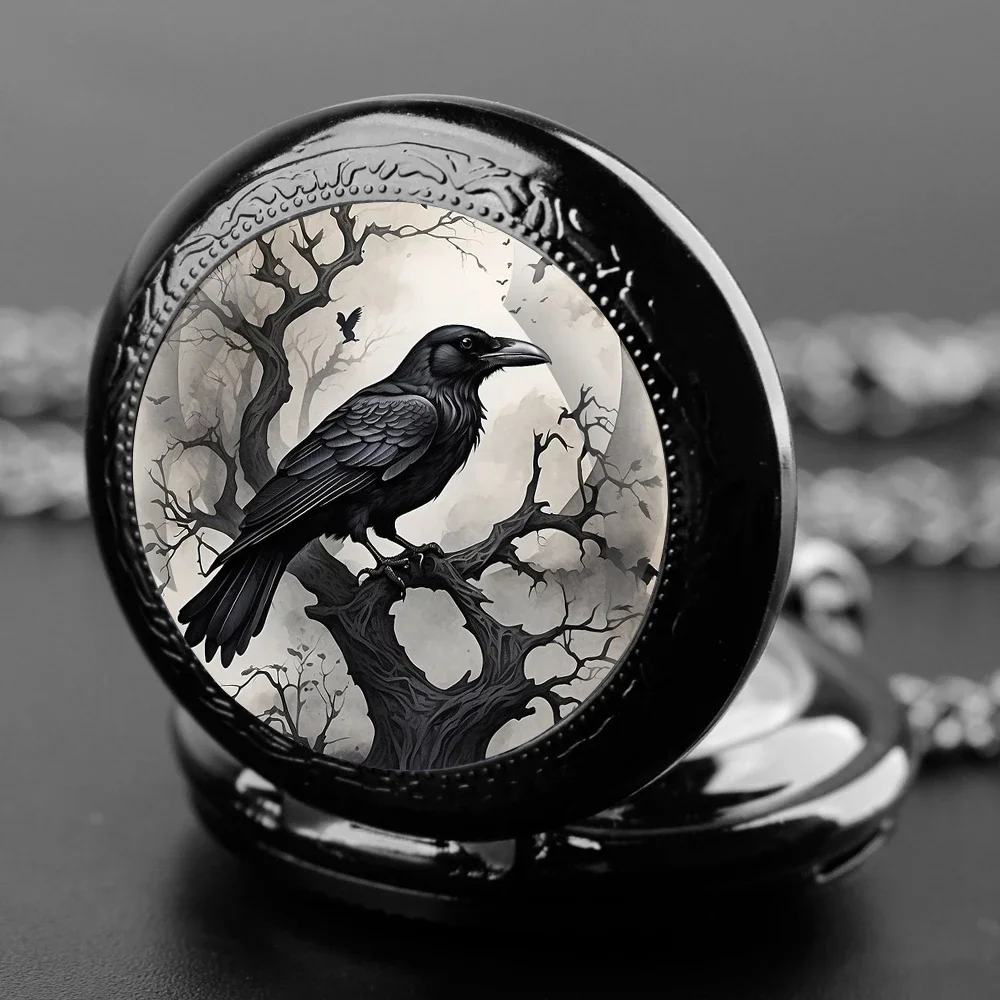 Exquisite Gift Raven Design Glass Dome Pocket Watch Arabic Numeral Dial Vintage Men Women Necklace Pendant Creative Clock Gift