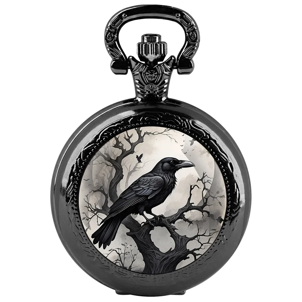 Exquisite Gift Raven Design Glass Dome Pocket Watch Arabic Numeral Dial Vintage Men Women Necklace Pendant Creative Clock Gift