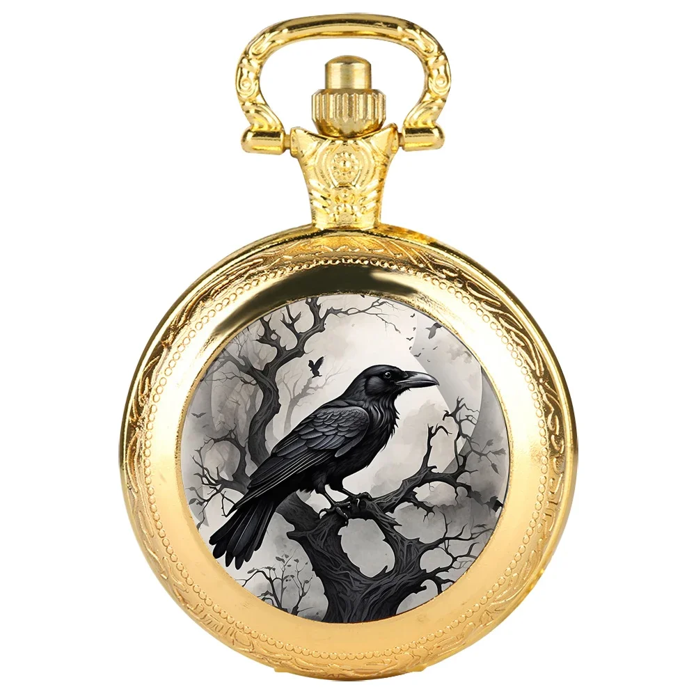 Exquisite Gift Raven Design Glass Dome Pocket Watch Arabic Numeral Dial Vintage Men Women Necklace Pendant Creative Clock Gift