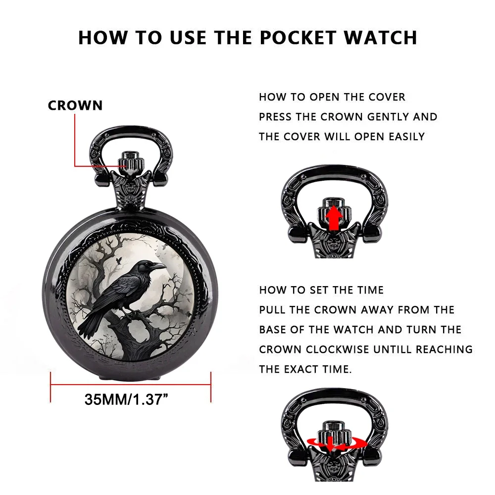 Exquisite Gift Raven Design Glass Dome Pocket Watch Arabic Numeral Dial Vintage Men Women Necklace Pendant Creative Clock Gift