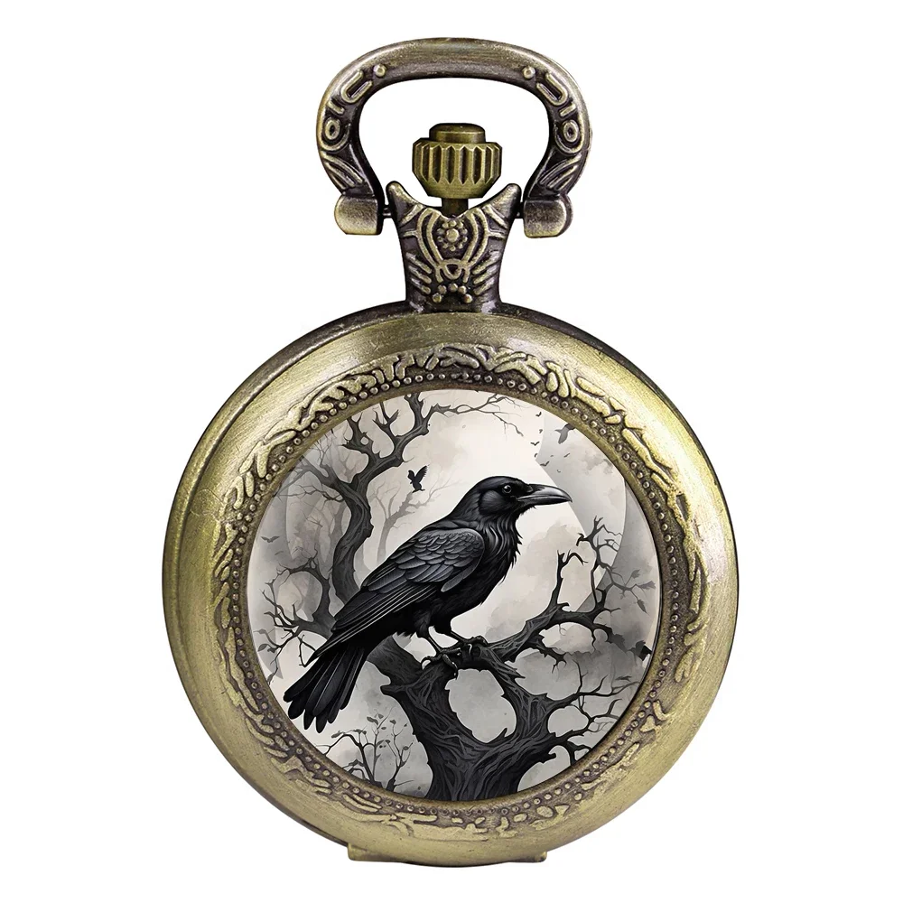 Exquisite Gift Raven Design Glass Dome Pocket Watch Arabic Numeral Dial Vintage Men Women Necklace Pendant Creative Clock Gift