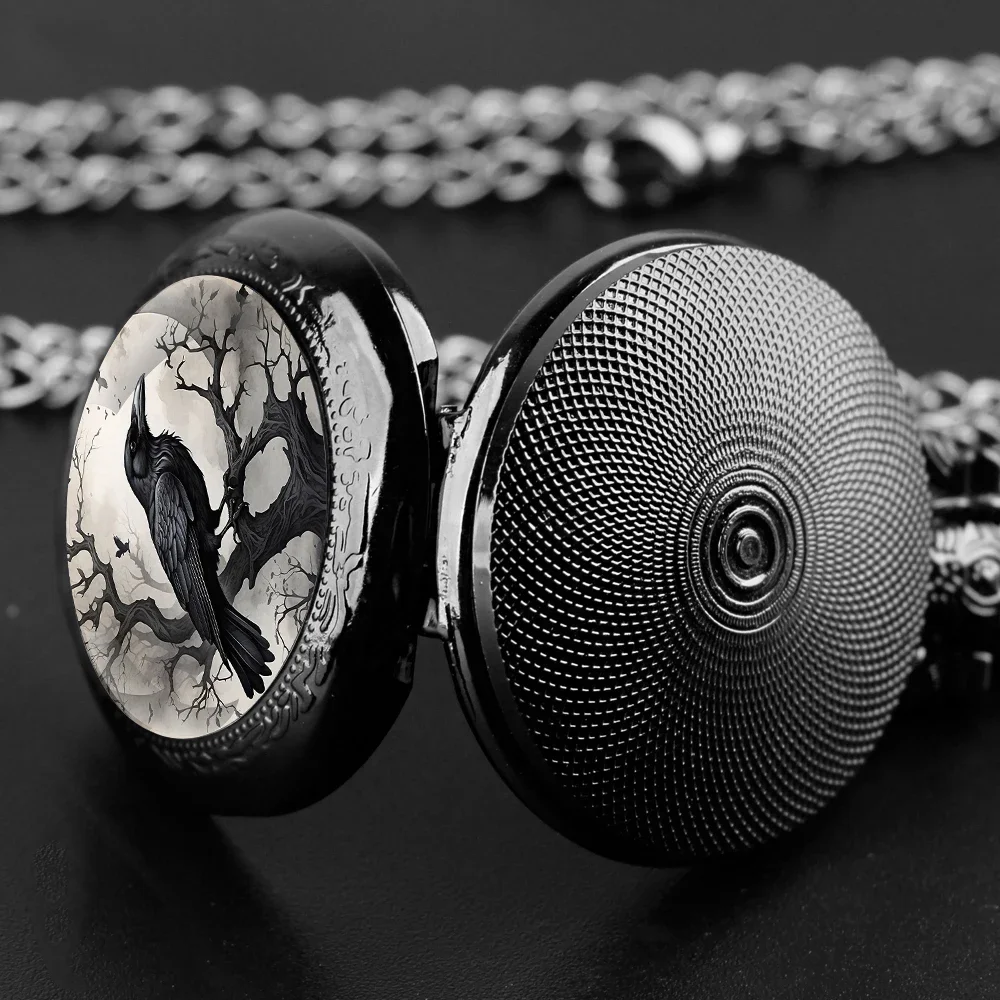 Exquisite Gift Raven Design Glass Dome Pocket Watch Arabic Numeral Dial Vintage Men Women Necklace Pendant Creative Clock Gift