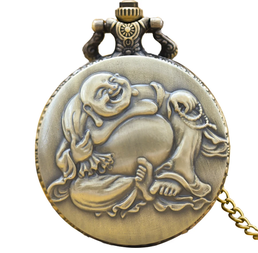 Retro Bronze Steampunk Maitreya Buddha Flip-Top Male And Female Student Gift Quartz Necklace Commemorative Pocket Watch