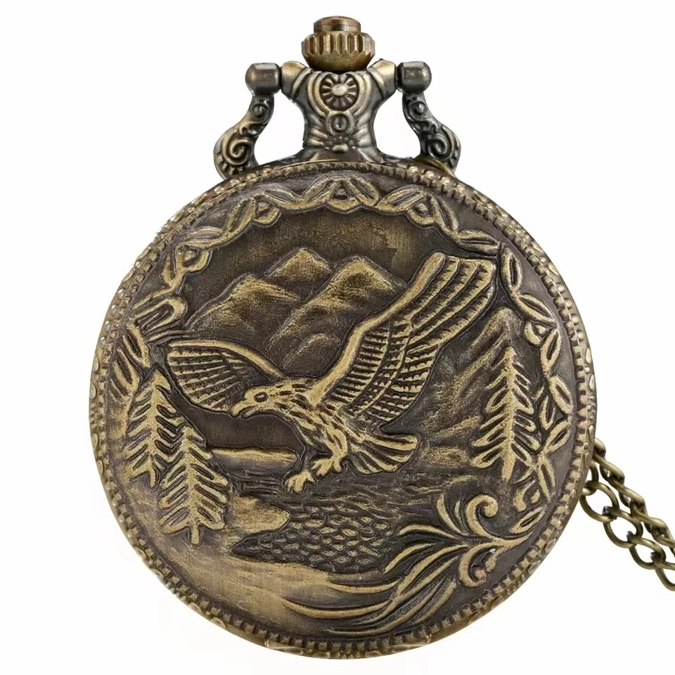 Vintage Bronze Handsome Eagle Carved Quartz Sport Pocket Watch German Eagle Necklace Eagle Lover Gift