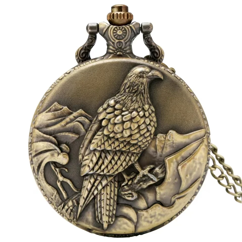 Vintage Bronze Handsome Eagle Carved Quartz Sport Pocket Watch German Eagle Necklace Eagle Lover Gift