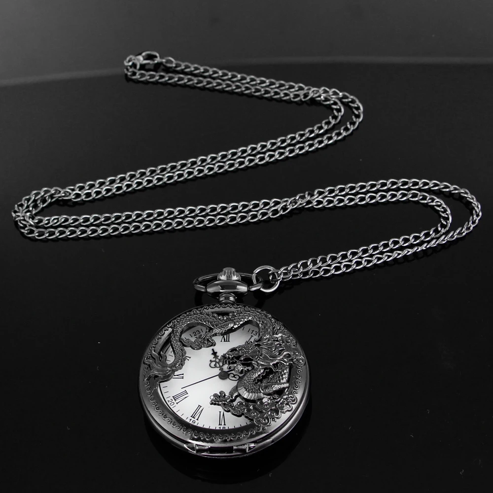 Silver Chinese Characteristic Dragon Shaped Pocket Watch Men's High Quality Necklace Timing Pendant Women's Jewelry Gift Clock