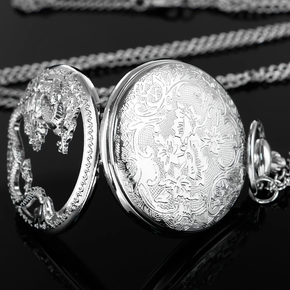 Silver Chinese Characteristic Dragon Shaped Pocket Watch Men's High Quality Necklace Timing Pendant Women's Jewelry Gift Clock