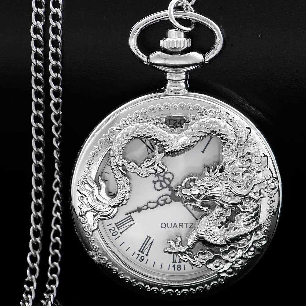 Silver Chinese Characteristic Dragon Shaped Pocket Watch Men's High Quality Necklace Timing Pendant Women's Jewelry Gift Clock