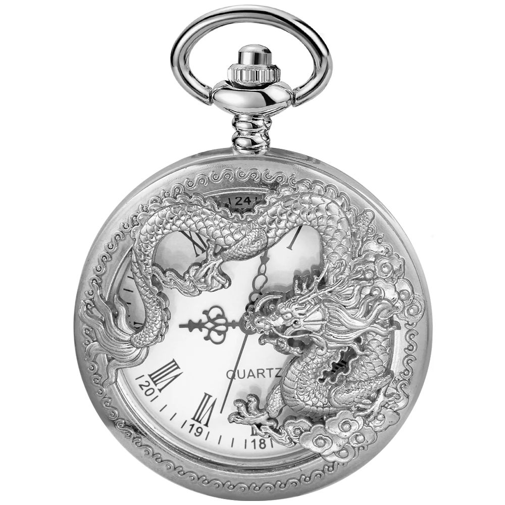 Silver Chinese Characteristic Dragon Shaped Pocket Watch Men's High Quality Necklace Timing Pendant Women's Jewelry Gift Clock