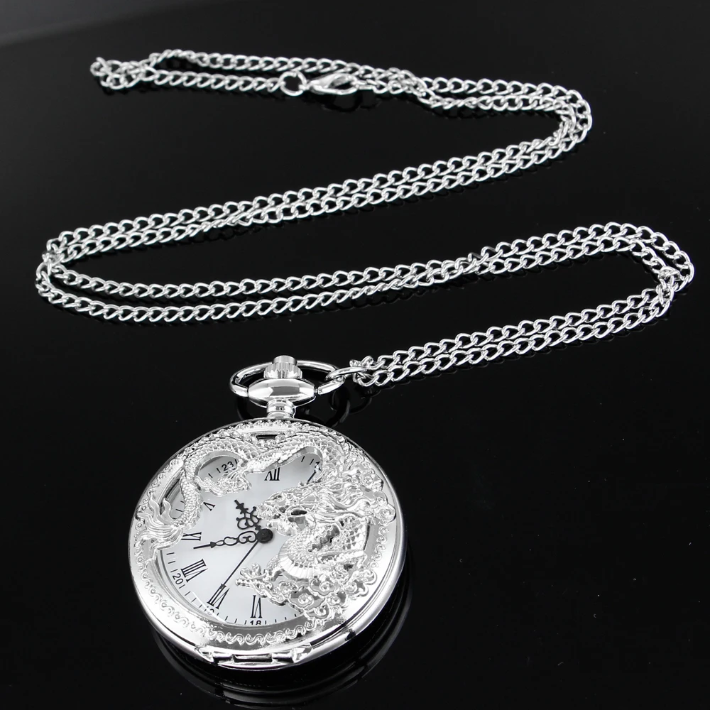Silver Chinese Characteristic Dragon Shaped Pocket Watch Men's High Quality Necklace Timing Pendant Women's Jewelry Gift Clock