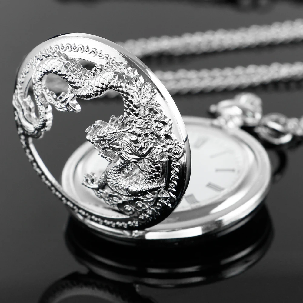 Silver Chinese Characteristic Dragon Shaped Pocket Watch Men's High Quality Necklace Timing Pendant Women's Jewelry Gift Clock