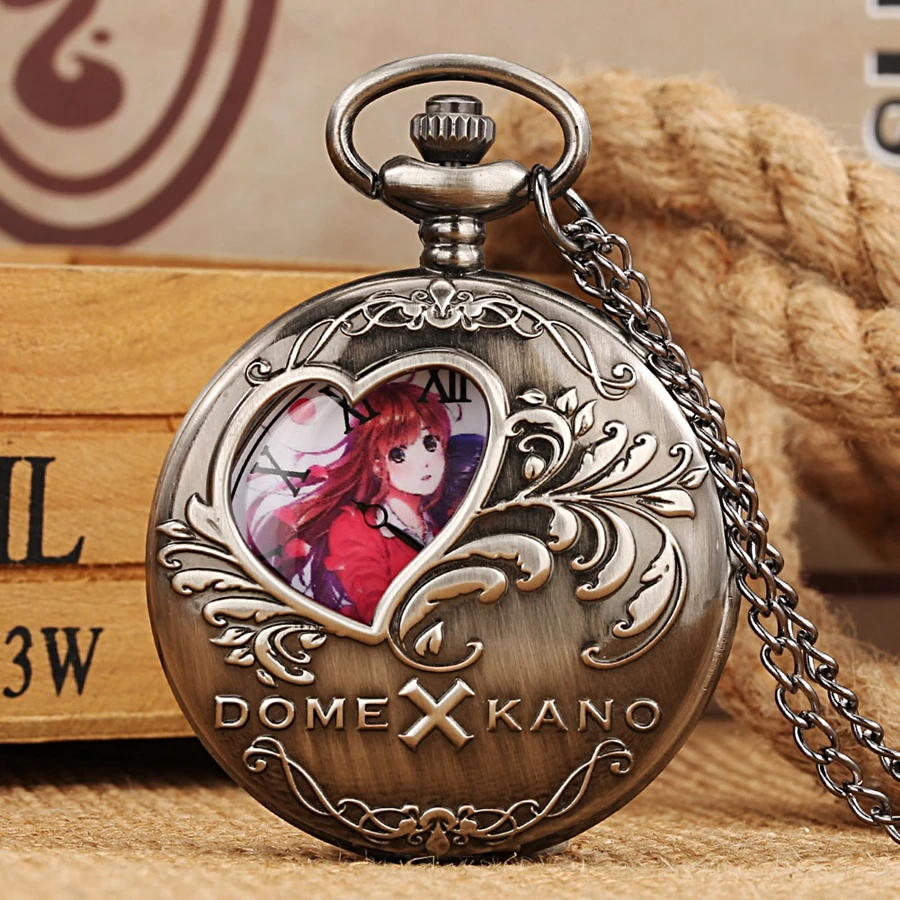 Antique Hollow Love Heart Cartoon Theme Quartz Pocket Watch Dome Kano Women Cosplay Fans Fashion Sweater Chain Necklace Pendant