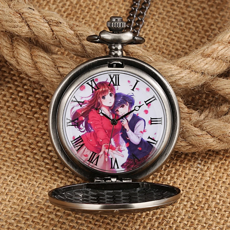 Antique Hollow Love Heart Cartoon Theme Quartz Pocket Watch Dome Kano Women Cosplay Fans Fashion Sweater Chain Necklace Pendant