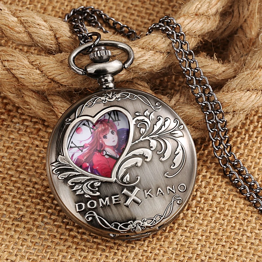 Antique Hollow Love Heart Cartoon Theme Quartz Pocket Watch Dome Kano Women Cosplay Fans Fashion Sweater Chain Necklace Pendant