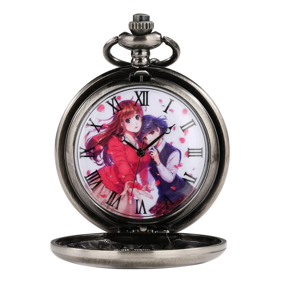 Antique Hollow Love Heart Cartoon Theme Quartz Pocket Watch Dome Kano Women Cosplay Fans Fashion Sweater Chain Necklace Pendant