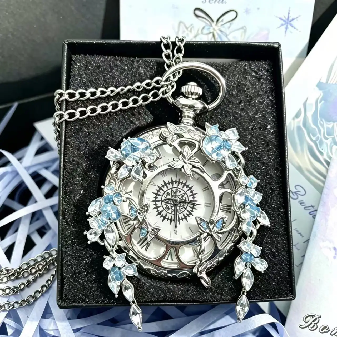 Pocket Watch,Butterfly Rose Crystal Decoration Pocket Watch,Fashionable Pocket Watch,For Classmates/Friends/Family Linked Watch