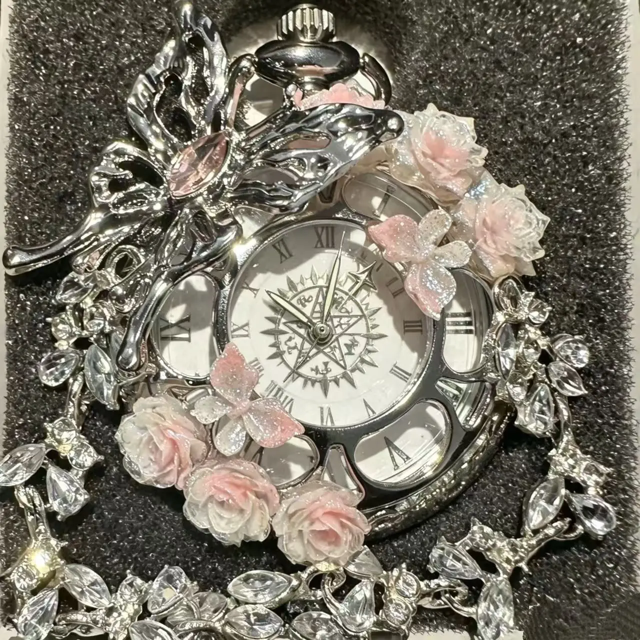 Pocket Watch,Butterfly Rose Crystal Decoration Pocket Watch,Fashionable Pocket Watch,For Classmates/Friends/Family Linked Watch