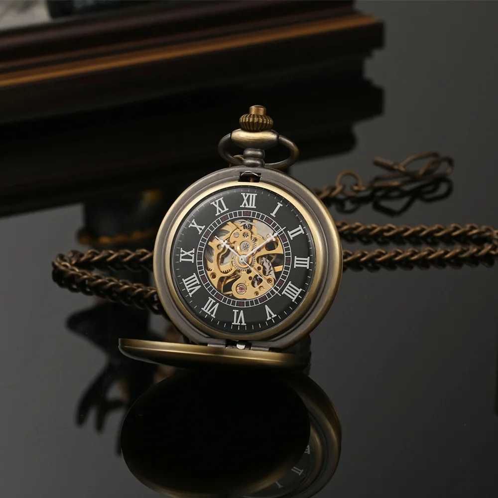 Mechanical Pocket Men Watch Vintage Skeleton Dial Sivler Double Face Hand Winding Mechanical Male Fob Chain Watches Wedding Gift