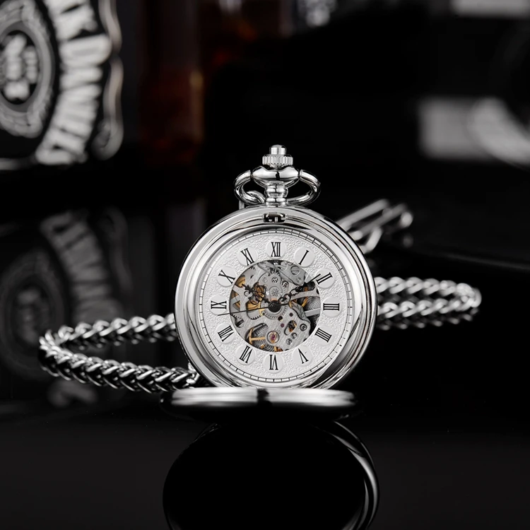 Mechanical Pocket Men Watch Vintage Skeleton Dial Sivler Double Face Hand Winding Mechanical Male Fob Chain Watches Wedding Gift