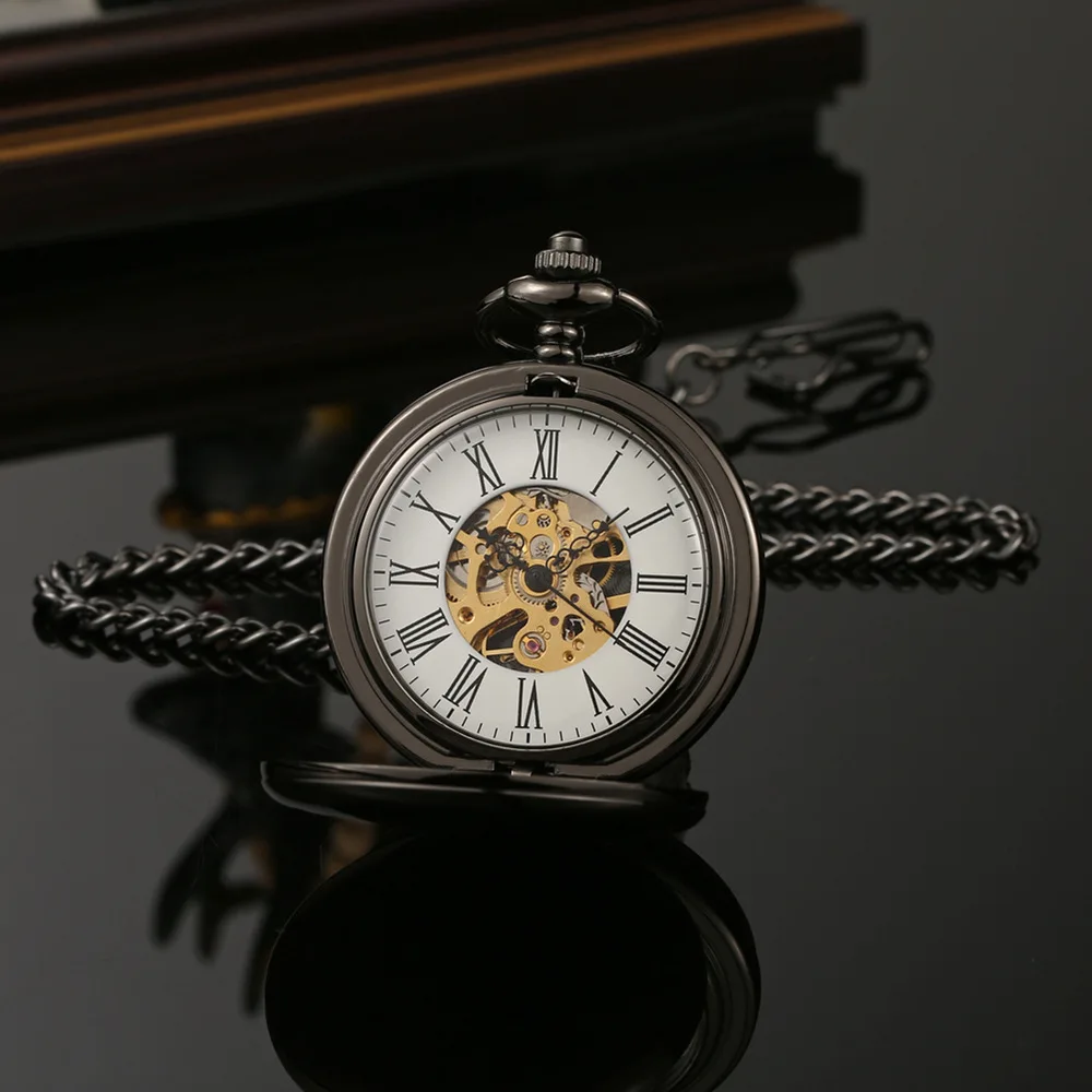 Mechanical Pocket Men Watch Vintage Skeleton Dial Sivler Double Face Hand Winding Mechanical Male Fob Chain Watches Wedding Gift