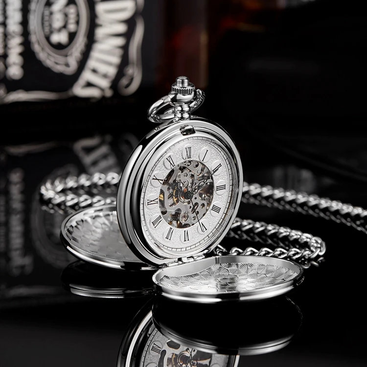 Mechanical Pocket Men Watch Vintage Skeleton Dial Sivler Double Face Hand Winding Mechanical Male Fob Chain Watches Wedding Gift