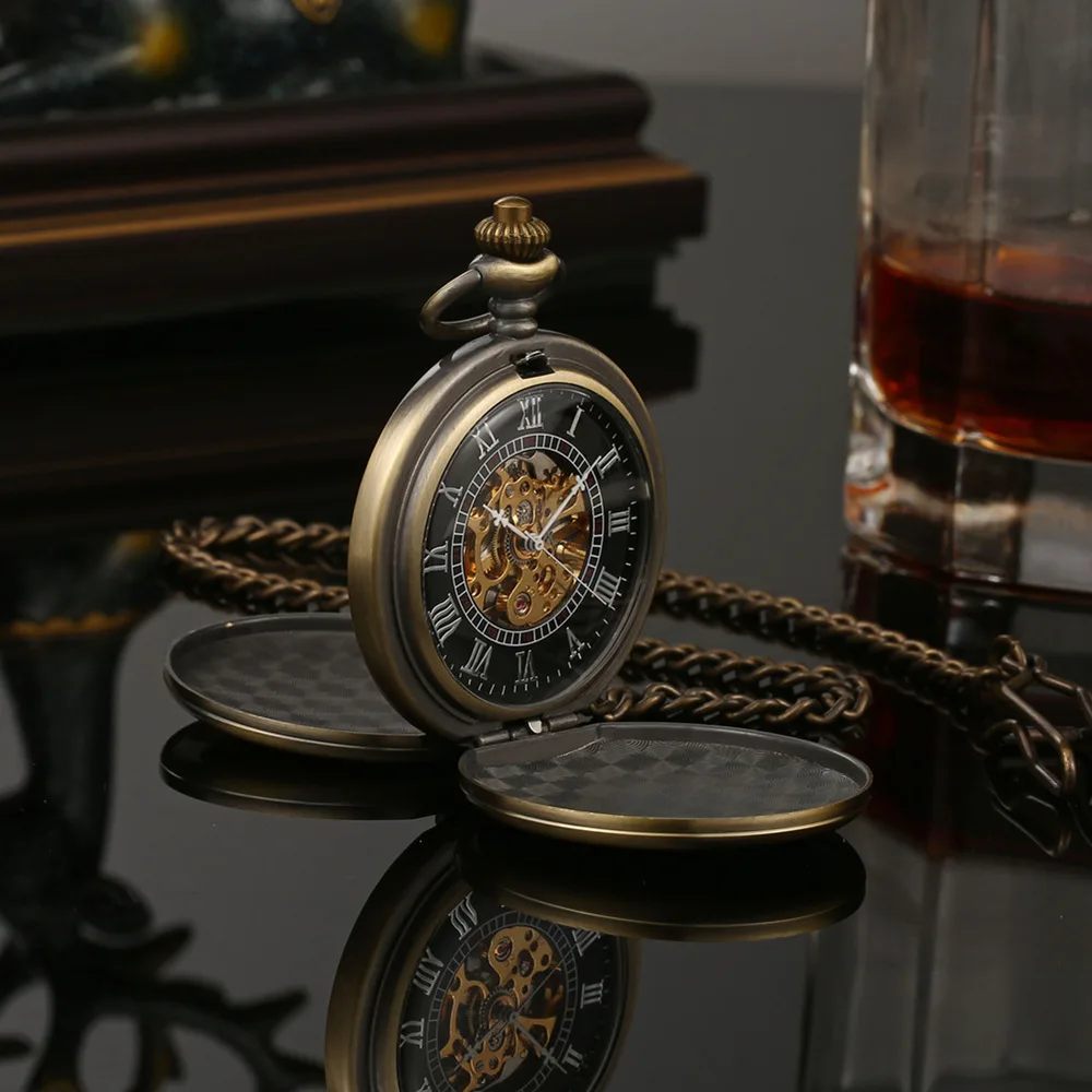 Mechanical Pocket Men Watch Vintage Skeleton Dial Sivler Double Face Hand Winding Mechanical Male Fob Chain Watches Wedding Gift