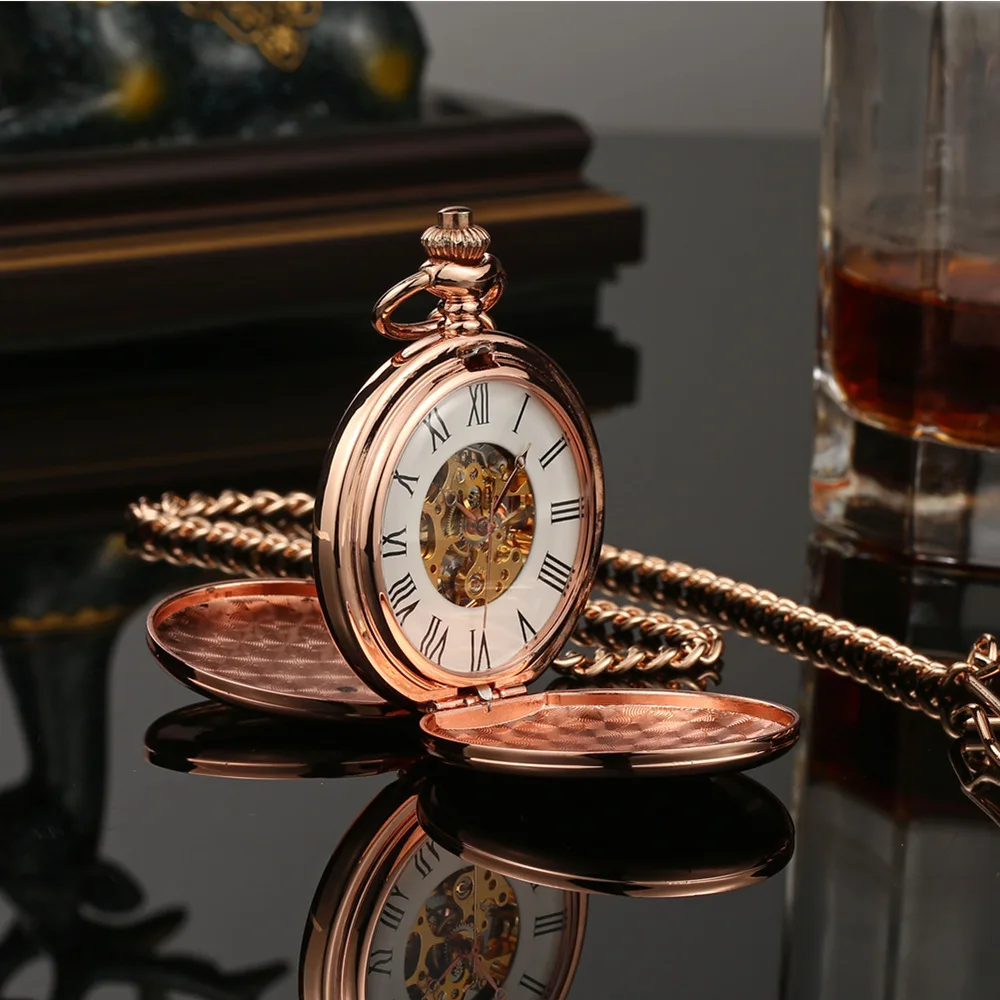 Mechanical Pocket Men Watch Vintage Skeleton Dial Sivler Double Face Hand Winding Mechanical Male Fob Chain Watches Wedding Gift