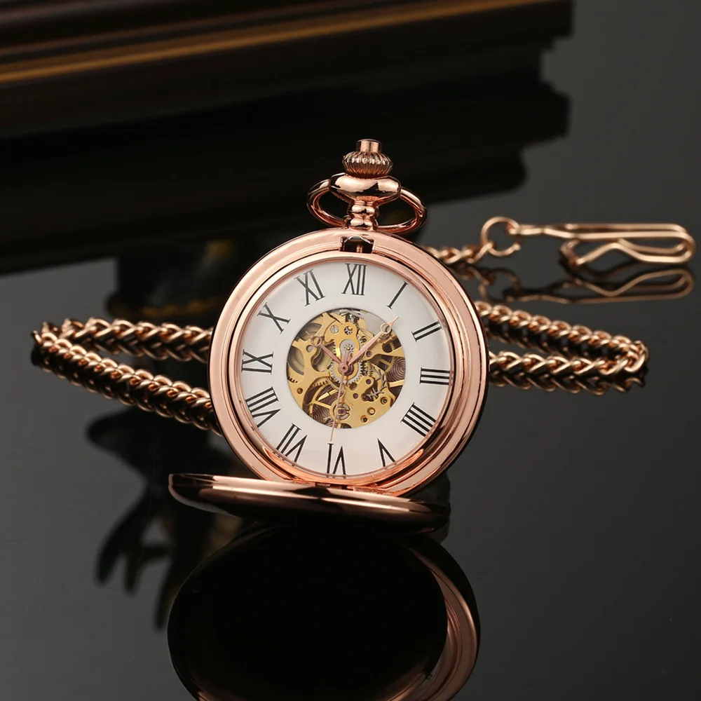 Mechanical Pocket Men Watch Vintage Skeleton Dial Sivler Double Face Hand Winding Mechanical Male Fob Chain Watches Wedding Gift