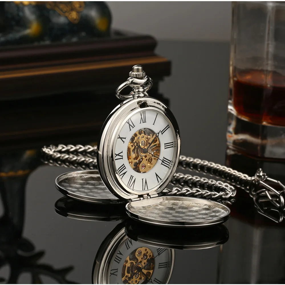 Mechanical Pocket Men Watch Vintage Skeleton Dial Sivler Double Face Hand Winding Mechanical Male Fob Chain Watches Wedding Gift