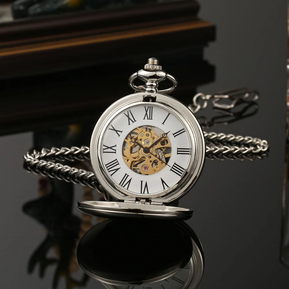 Mechanical Pocket Men Watch Vintage Skeleton Dial Sivler Double Face Hand Winding Mechanical Male Fob Chain Watches Wedding Gift