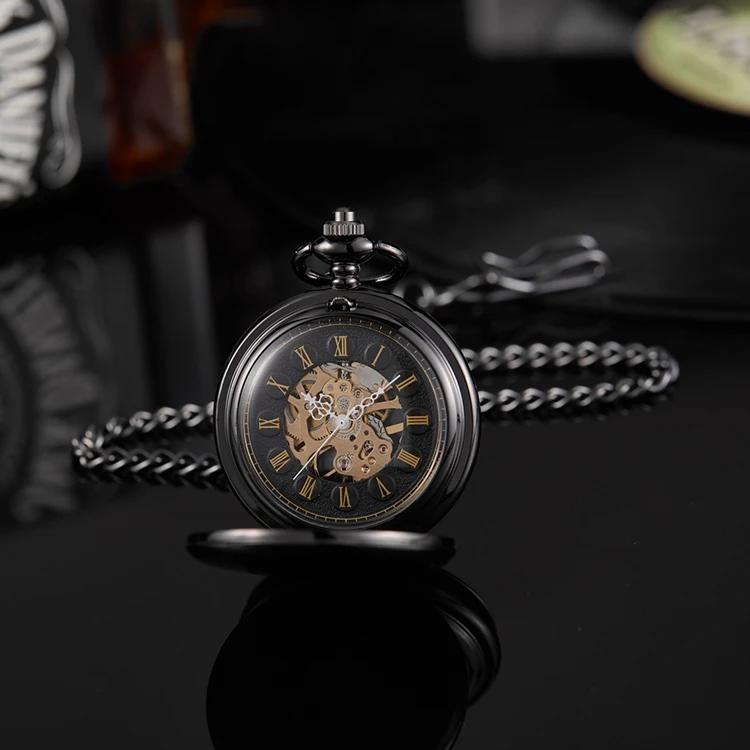 Mechanical Pocket Men Watch Vintage Skeleton Dial Sivler Double Face Hand Winding Mechanical Male Fob Chain Watches Wedding Gift