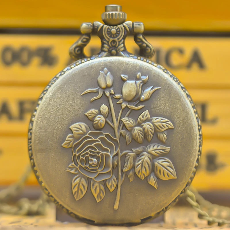 Vintage Bronze Clamshell Flower Carved Necklace Quartz Pocket Watch Fashion Jewelry Gift For Girls