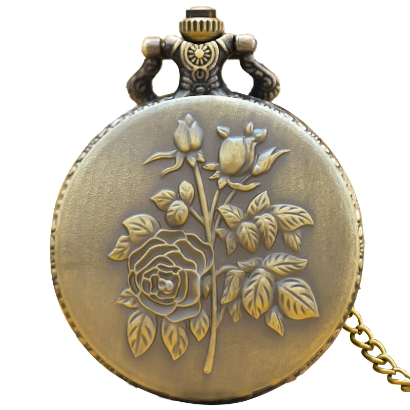 Vintage Bronze Clamshell Flower Carved Necklace Quartz Pocket Watch Fashion Jewelry Gift For Girls