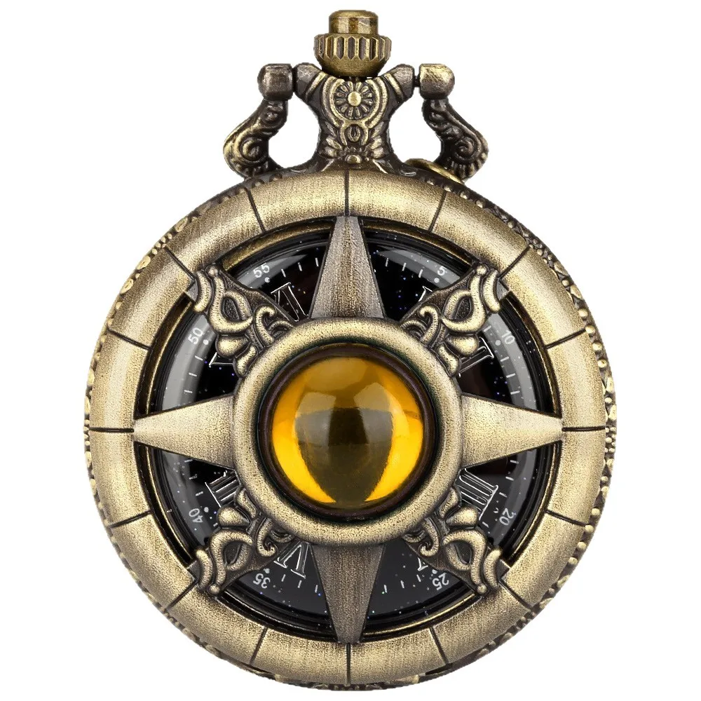 Pocket Watch, Starry Sky Literal Ship Rudder Hollow Multi-Color Retro Quartz Pocket Watch, Necklace Antique Copper Flip Watch