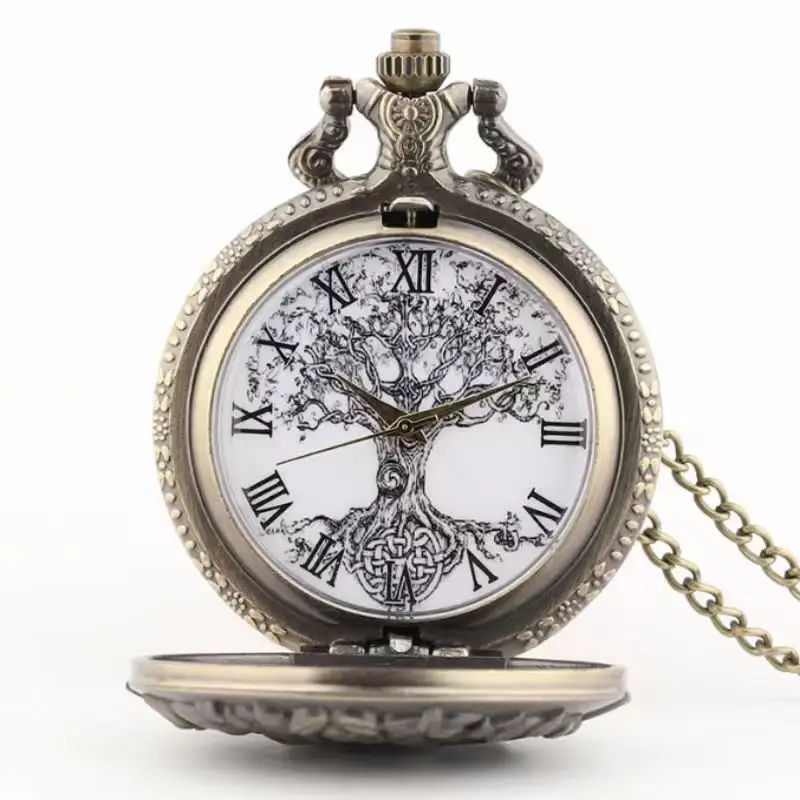 Vintage Bronze Steampunk Hollow World Tree Carving Quartz Pocket Watch Necklace Clock Men's and Women's Gifts