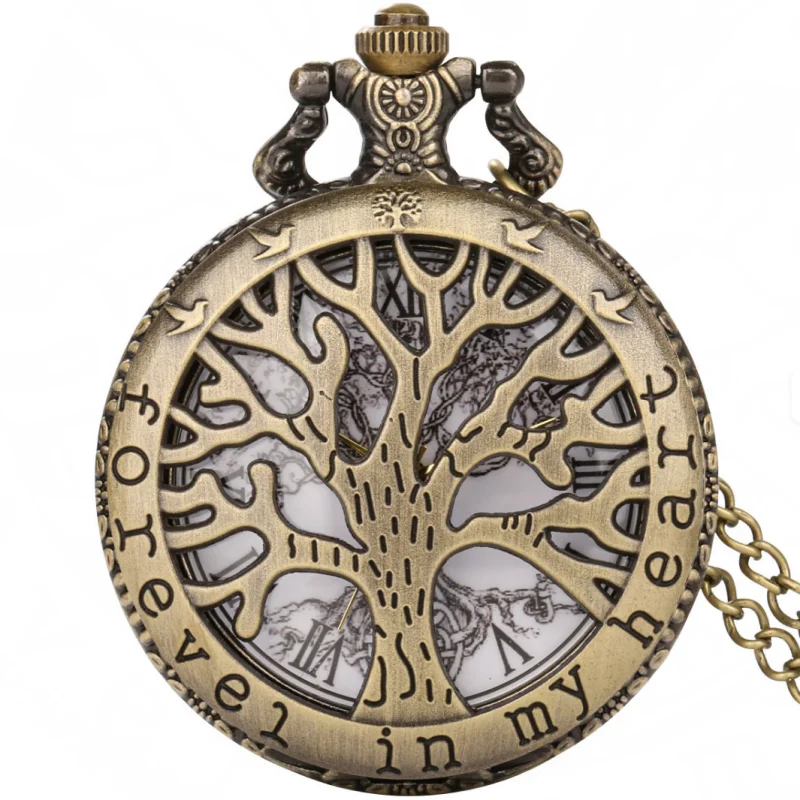 Vintage Bronze Steampunk Hollow World Tree Carving Quartz Pocket Watch Necklace Clock Men's and Women's Gifts