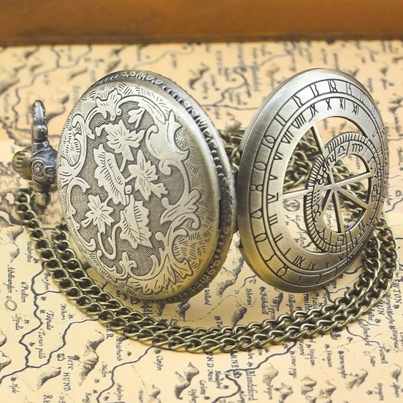 Retro Charm Neutral Fashion Geometric Lines Hollow Carving Quartz Pocket Watch Steampunk Men's and Women's Necklace Pendant Gift