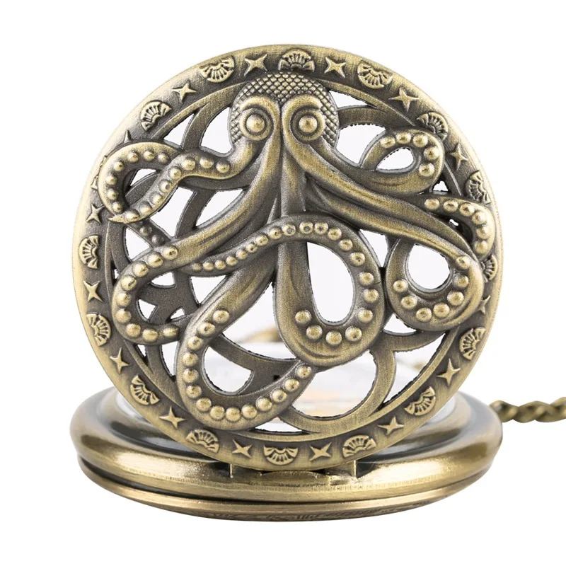 Retro Charm Neutral Octopus Hollow Relief Quartz Pocket Watch Steampunk Men's and Women's Necklace Pendant Gift