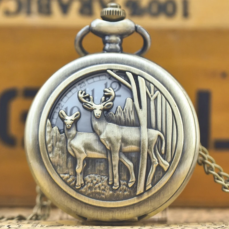 Retro Charm Neutral Fashion Hollow Deer Carving Quartz Steampunk Pocket Watch Men's and Women's Necklace Pendant Gift