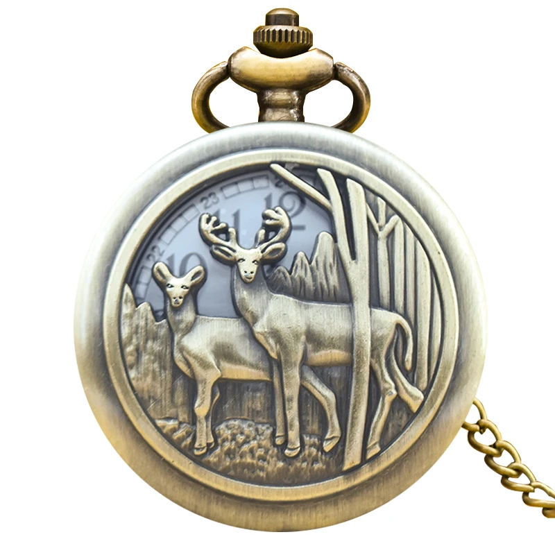 Retro Charm Neutral Fashion Hollow Deer Carving Quartz Steampunk Pocket Watch Men's and Women's Necklace Pendant Gift