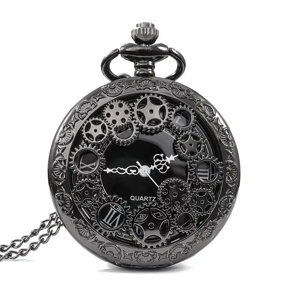 1pc Black Retro Hollow Gear Carved Quartz Pocket Watch Necklace Pendant Clock Chain Men Women Memorial Gift