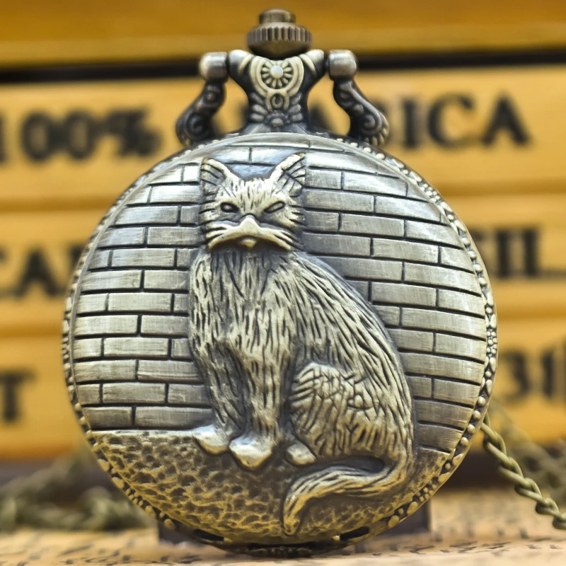 Vintage Bronze Clamshell Creative Handsome Cat Design Necklace Quartz Pocket Watch Gift Universal Male And Female Students