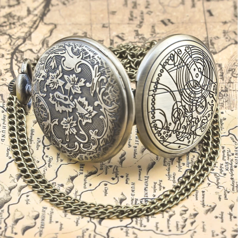 Retro Charm Neutral Fashion Geometric Line Carving Quartz Pocket Watch Steampunk Men's and Women's Necklace Pendant Gift
