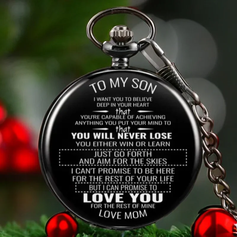 Best Gift To My Son 1pc Black Unique Quartz Pocket Fob Watch Necklace Chain Pendant Antique Birthday Present Clock Reloj Hombre