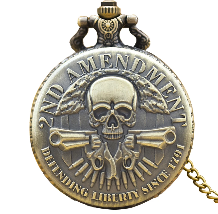 Retro Charm Neutral Fashion Dual Gun Skull Carving Quartz Steampunk Pocket Watch Men's and Women's Necklace Pendant Gift