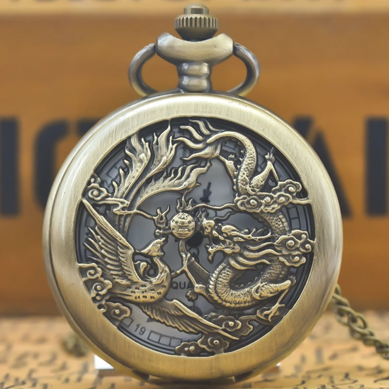 Retro Charm Neutral Fashion Chinese Style Dragon Phoenix Carving Quartz Steampunk Pocket Watch Men's And Women's Necklace Pendan